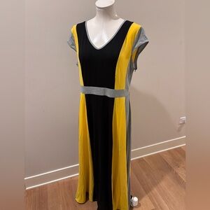 Elegant Colorblock Maxi Dress in Yellow, Black, and Gray